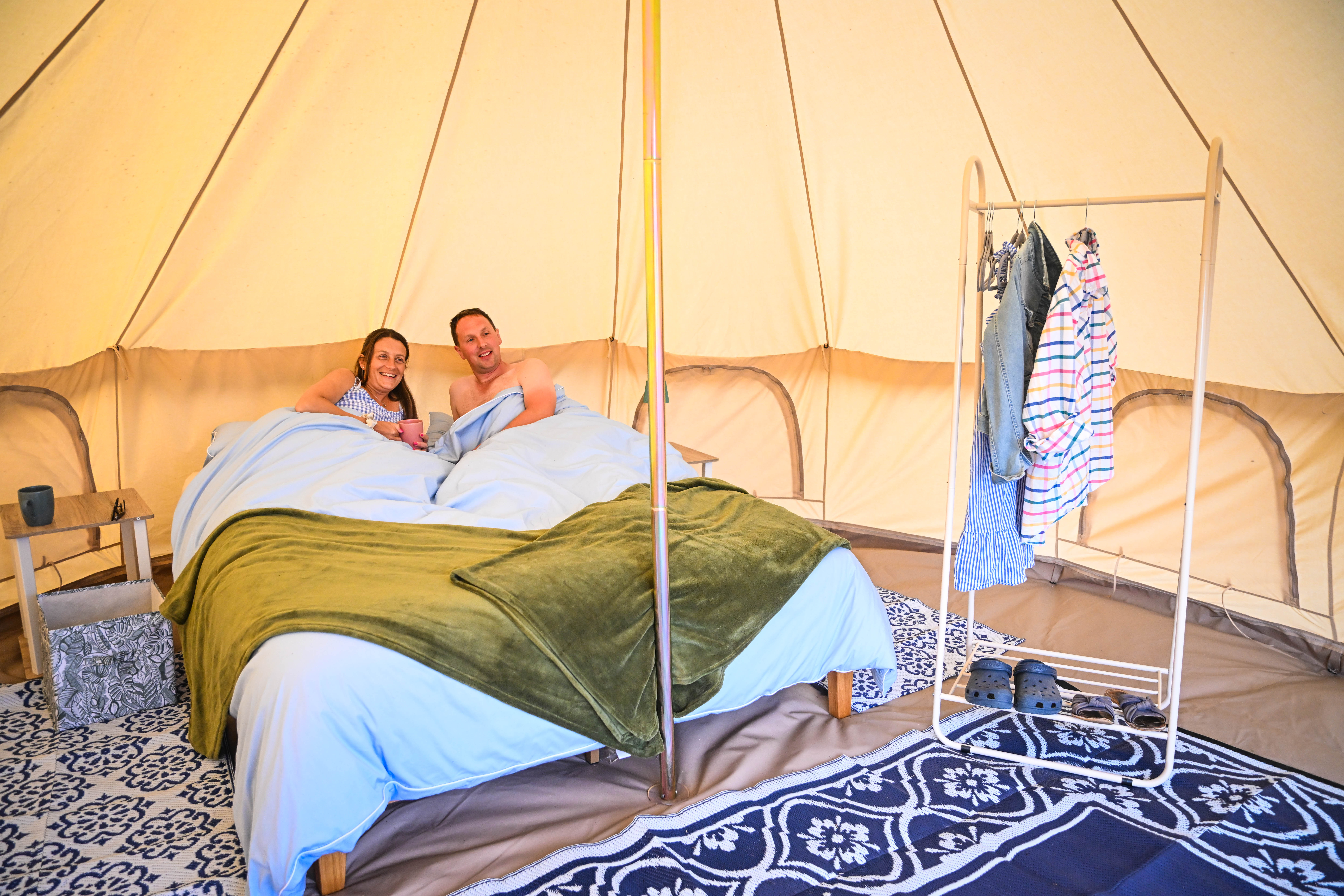 Cosy morning inside a furnished bell tent at Hopnest Retreats